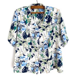 Vintage Floral Blouse: Blue Green Short Sleeve Button Up Top, Size XL
