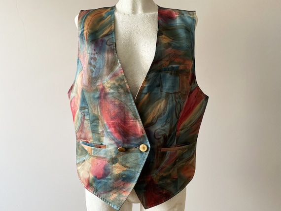 80s Colorful Abstract Print Waistcoat Green Tapes… - image 1