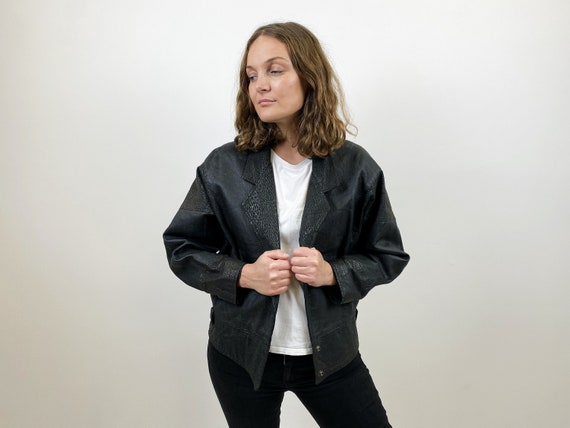 80s short real leather bomber jacket blk