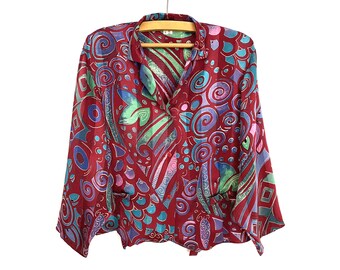 Vintage rode abstracte blouse: shirt met lange mouwen met geometrische print, maat L