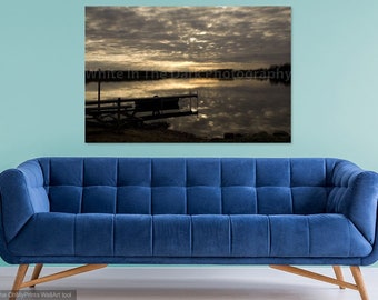 Sunset lake view with row boat and dock, peaceful lake photo, Indian Lake, Michigan. Large Print