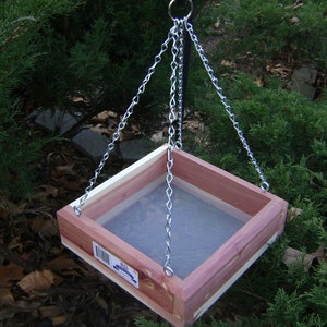 Platform Bird Feeder handmade from aromatic red cedar with Rust Resistant Chain