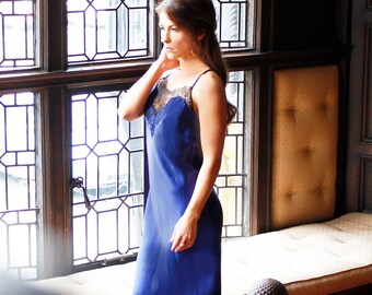 Ariana Sapphire Luxury Silk and Lace Night Gown /floor length long slip /thin crossed silk adjustable straps /christmas gift/handmade