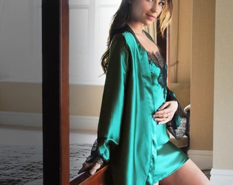 Ariana Emerald Luxury Silk and Lace Robe/ 100% silk mid length robe/ silk satin dressing gown/ Pure Silk Robe/ Christmas gift /Wedding Robe