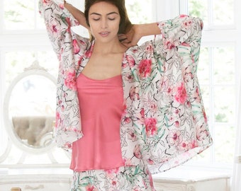 Floral printed silk kimono,luxury nightwear handmade in England, Silk kimono, Silk lingerie, Silk Anniversary Gift, Honeymoon Lingerie