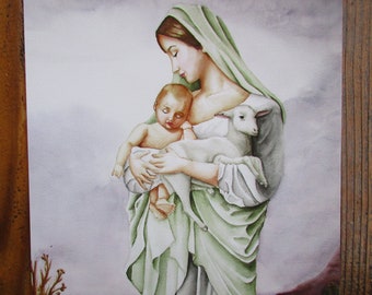 May include: A watercolor painting of a woman holding a baby and a lamb. The woman is wearing a green robe and has long brown hair. The baby is wearing a white cloth and has brown hair. The lamb is white and has a brown head. The background is a light blue sky with clouds.