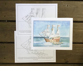 May include: Watercolor print of a ship sailing on the sea, with text on the sails including "Wisdom" and "Piety". Two black and white line drawings of the same ship are also visible. The image is on a wooden surface.