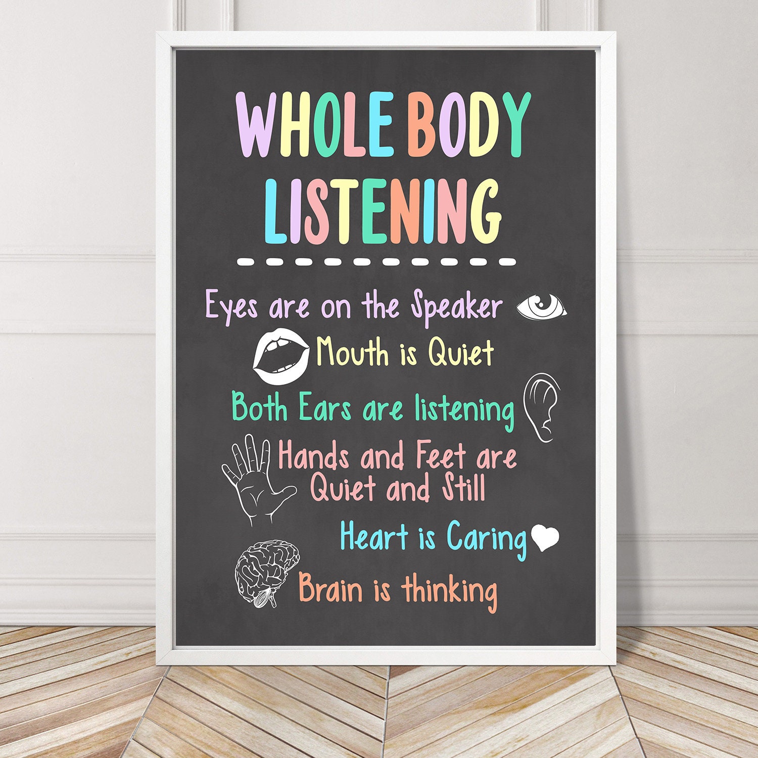Classroom Rules Colorful Chalk Teacher Art Whole Body Listening 11x14 Art Classroom Printable Classroom Decorations Classroom Wall Art