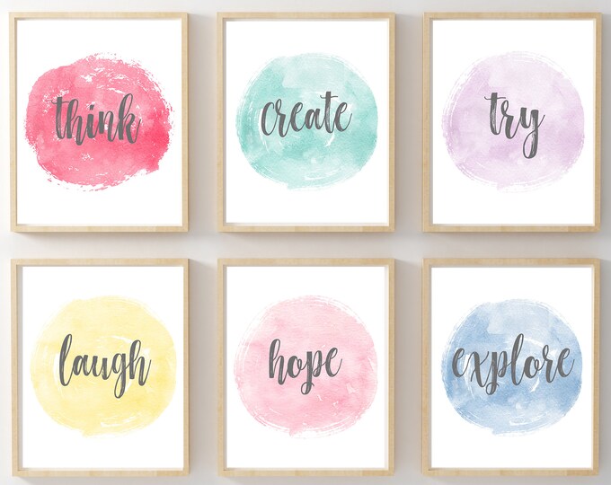 Watercolor Inspirational Word Set Wall Art, 6 Printables 4 Playroom ...