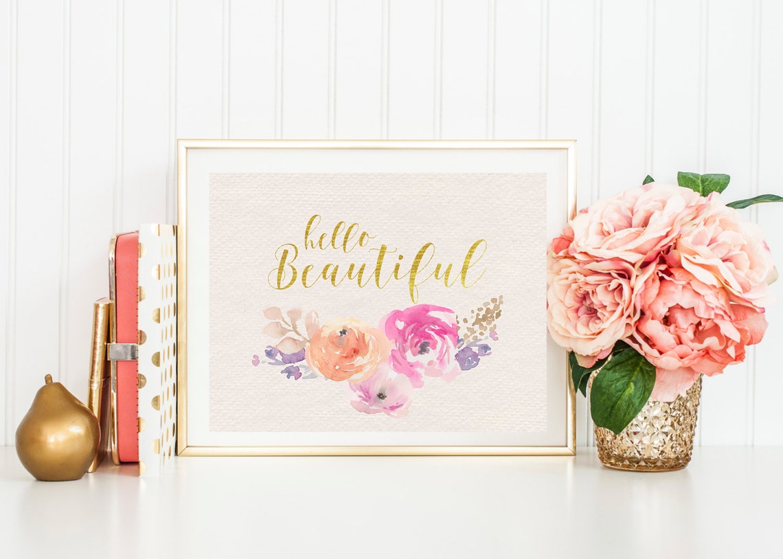 Hello Beautiful Wall Art Purple Coral and Pink Watercolor Etsy