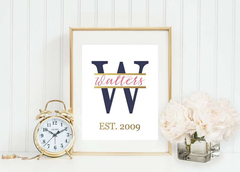 Coral Navy /& Gold Custom Family Monogram Printable Anniversary Gift Vintage Established Print Couple Initial digital print Gray Frames