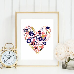 Coral, Navy, and Gold Floral Heart Wall Art, coral and navy nursery, floral pattern decor, gold wall art, nursery or home decor,Gray Frames