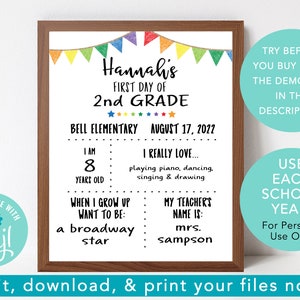 First Day of School Sign, Back to School Sign Digital File, Editable Back to School Printable, Download Now & Edit Yourself!