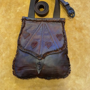 Handsewn Leather Bag (M167) with Four Hearts on Divided Panel Flap