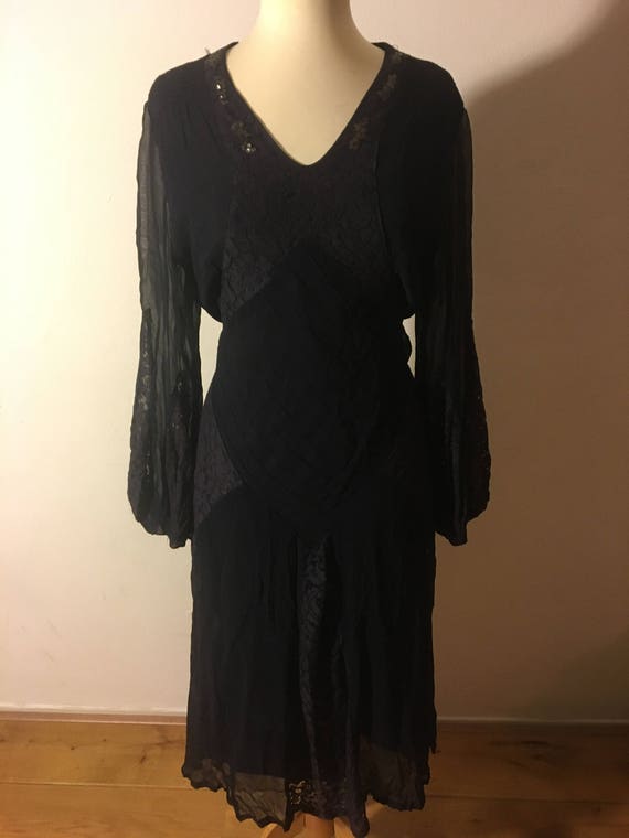 Gorgeous Navy silk chiffon and lace 1930s midi dre