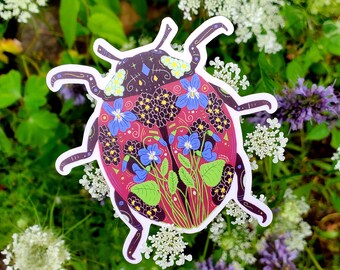 Geburtskäfer Februar / Monats geburtsblume Insekt / Violett / Primel / Marienkäfer / Vinyl Aufkleber Aufkleber / Wasserflaschen Laptop