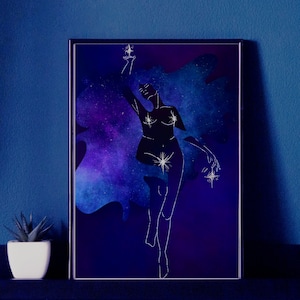 May include: A digital illustration of a woman's silhouette outlined with stars against a purple and blue galaxy background.