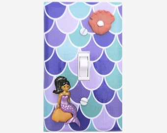 Black Mermaid bedroom decor light switch cover Girls nursery room Purple and Mint African American Latina black girl magic