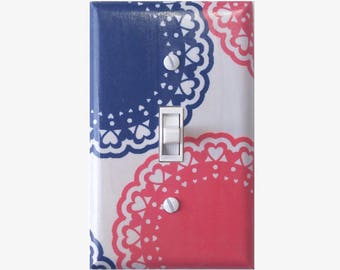 Light switch cover navy blue and pink lace doily design switchplate cover