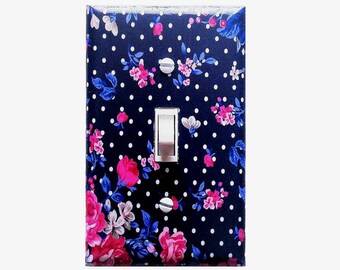 Navy / Pink floral light switch cover - Retro home decor