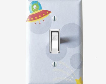 Alien UFO Moon light switch plate cover outer space themed bedroom Kids celestial room wall decor Baby boy nursery