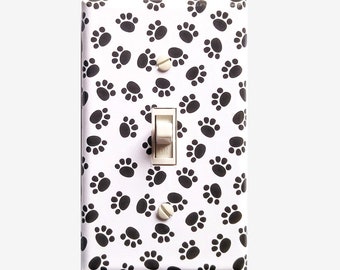 Paw print light switch cover Puppy themed nursery black white wall Pet lover Cat home decor