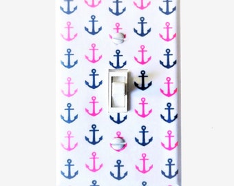 Anchor light switch cover Pink navy blue nautical bathroom decor Girls nursery bedroom