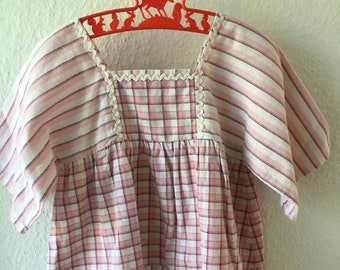 Vintage Girls dress sweet gingaham Pink and White checked patchwork stripe dress white edging Scandinavian handmade