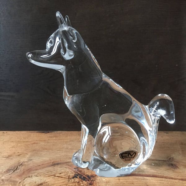 FM Ronneby glass crystal wolf figurine hand blown soft glass dog canine figurine 1970s FM Ronneby Sweden