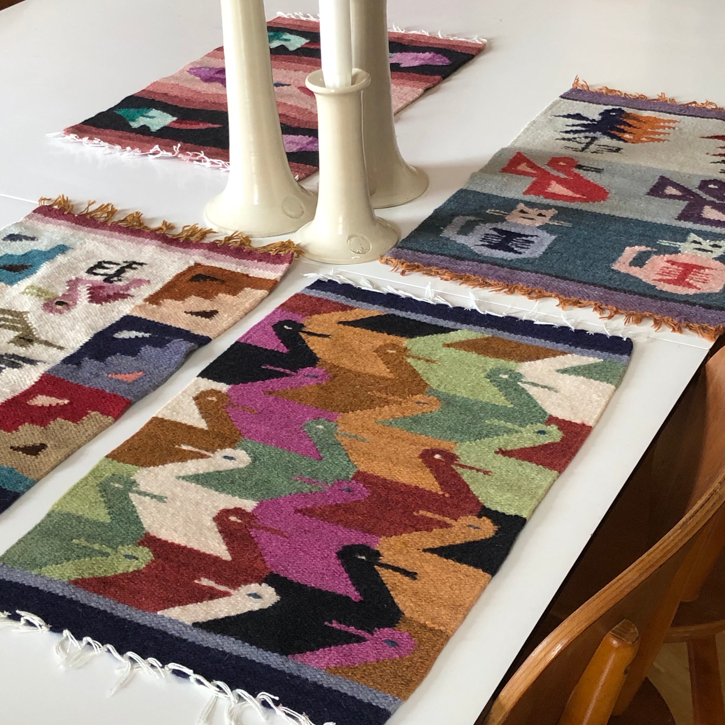 Retro Swedish wool kilim placemats Scandinavian midcentury modern style natural fibers hygge