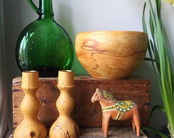 Swedish/wooden/turned /candle stick holders/Scandinavian/woodworking/design/short/Vintage/Còsagach/hygge