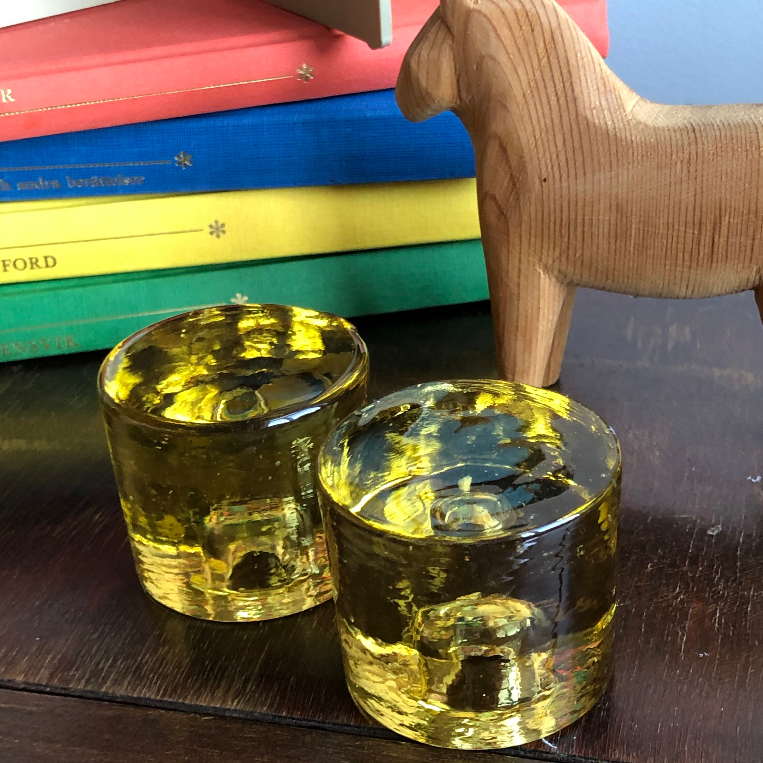 Pair of 2 Lindshammar yellow glass small candlestick holders round