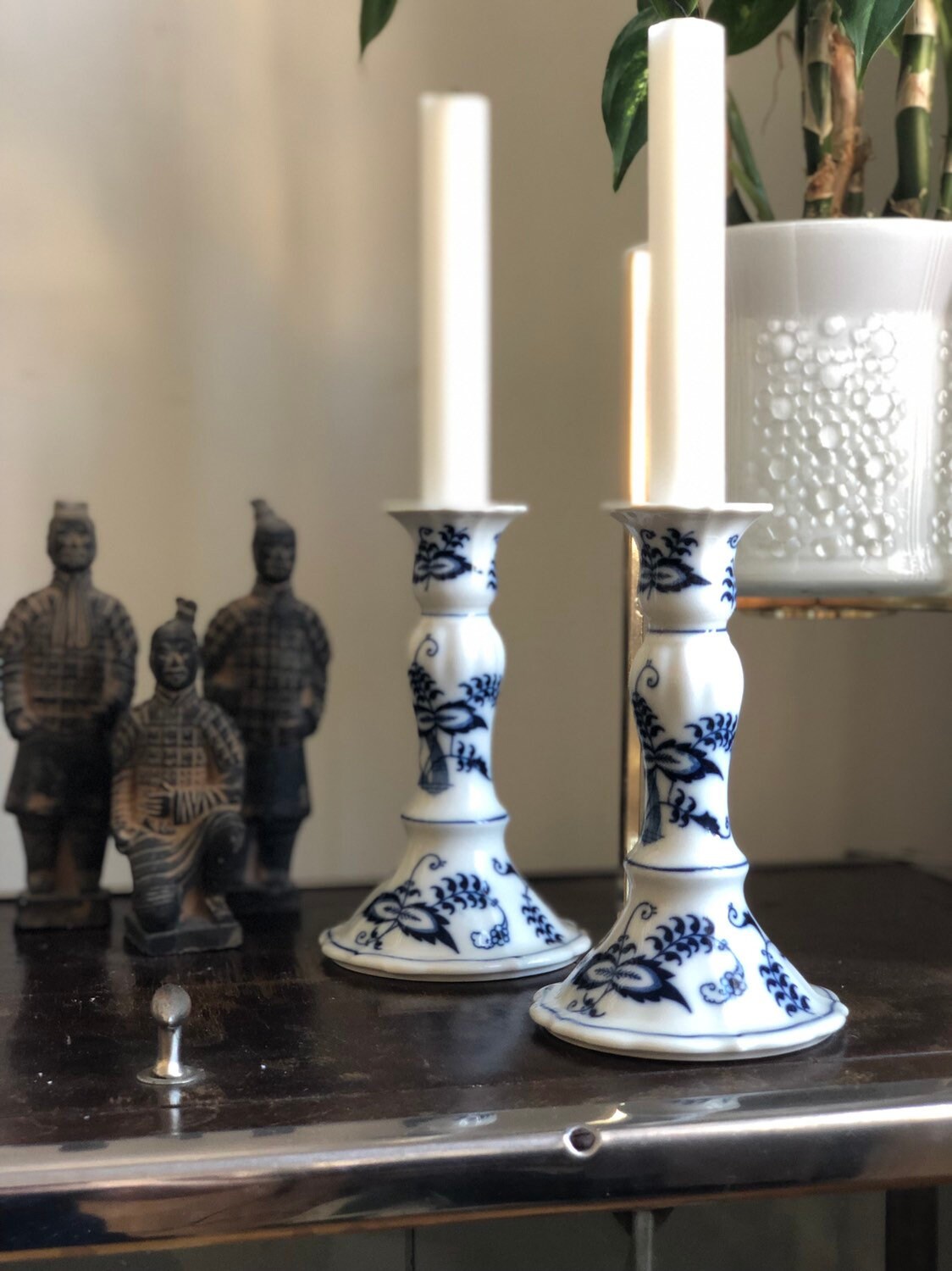 Older Blue Danube candle holders pair stamped with older marking blue and white ceramic