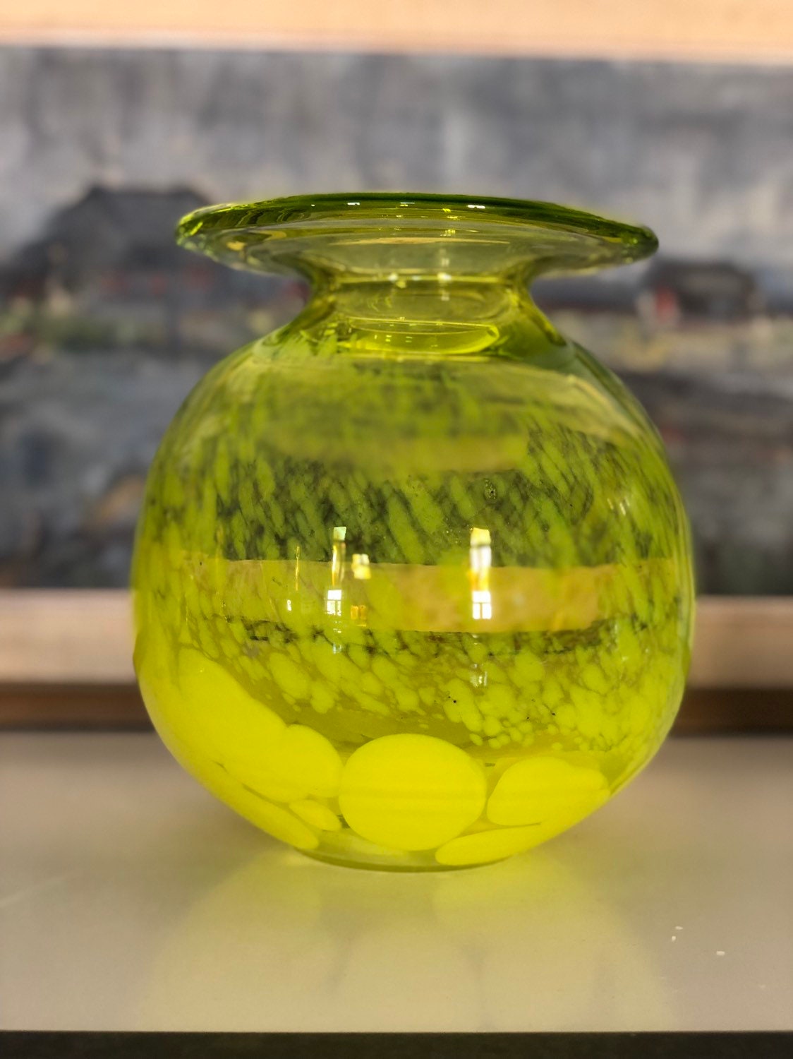 XL Vintage Scandinavian yellow hand blown glass vase / modernist mid