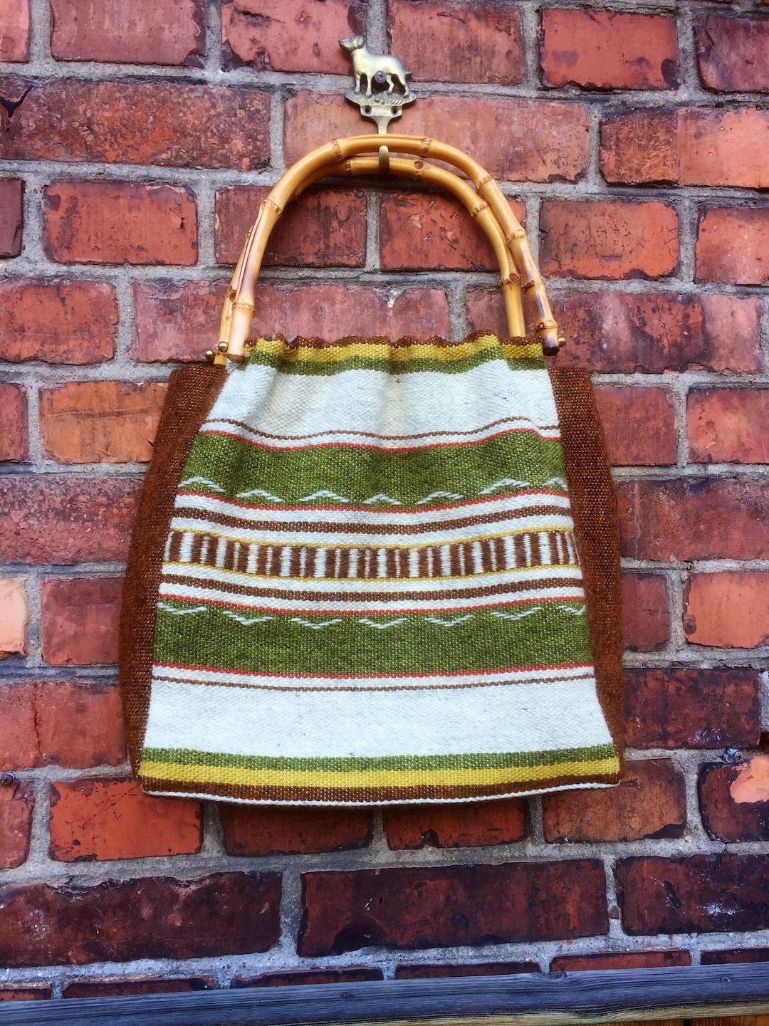 Woven Boho Tapestry Bag Bamboo Handles Kilim Pattern Nanna Etsy