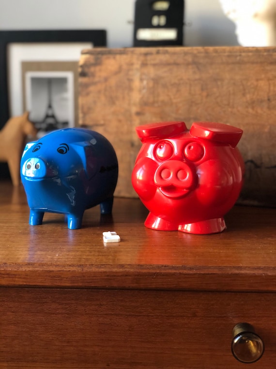 Pair of Scandinavian retro hard plastic  piggy banks coin banks in Red and Blue Sparbanken made in Denmark and Finland