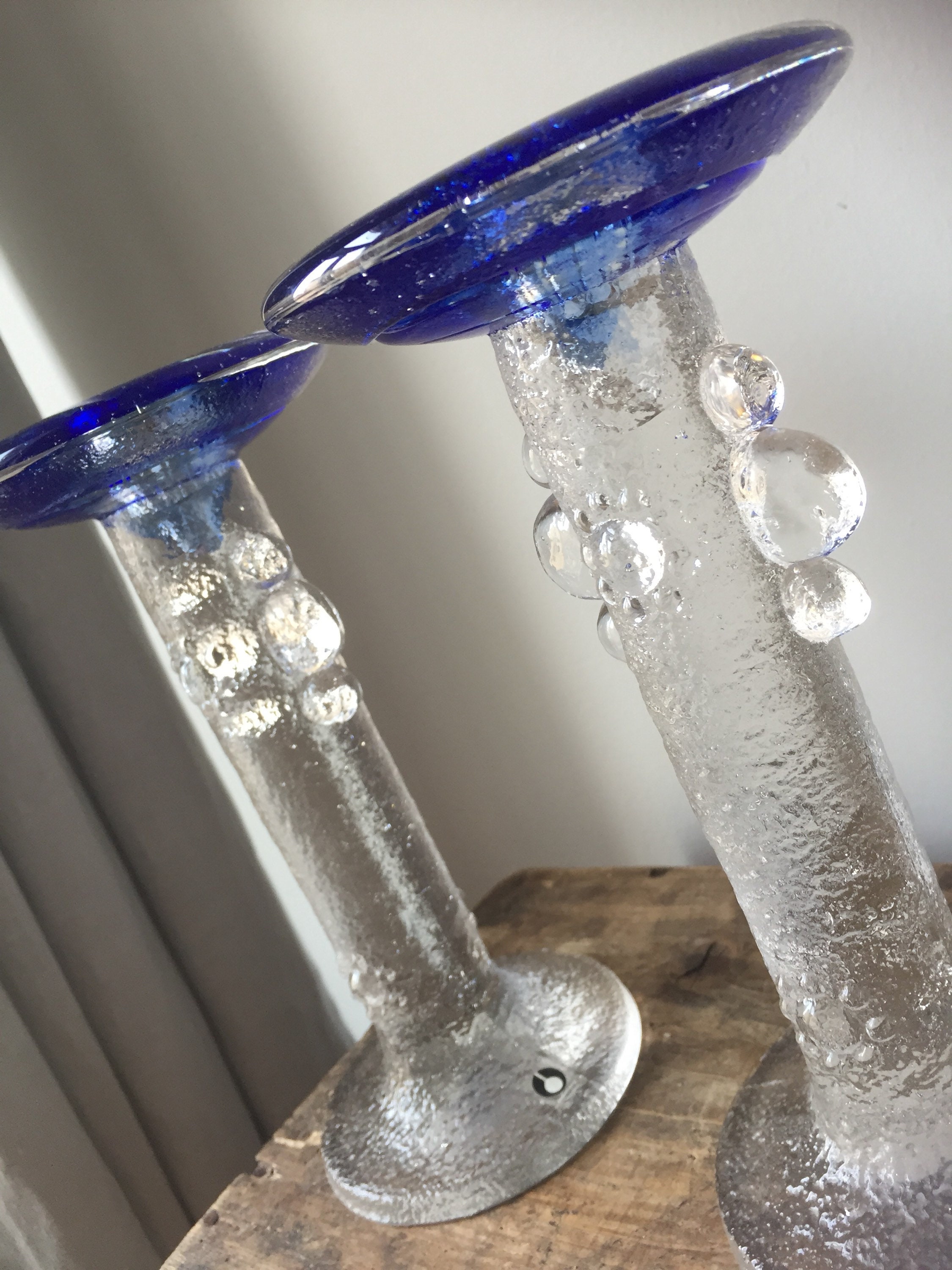 Vintage crystal blue glass pair candle holders Ice sculpture texture