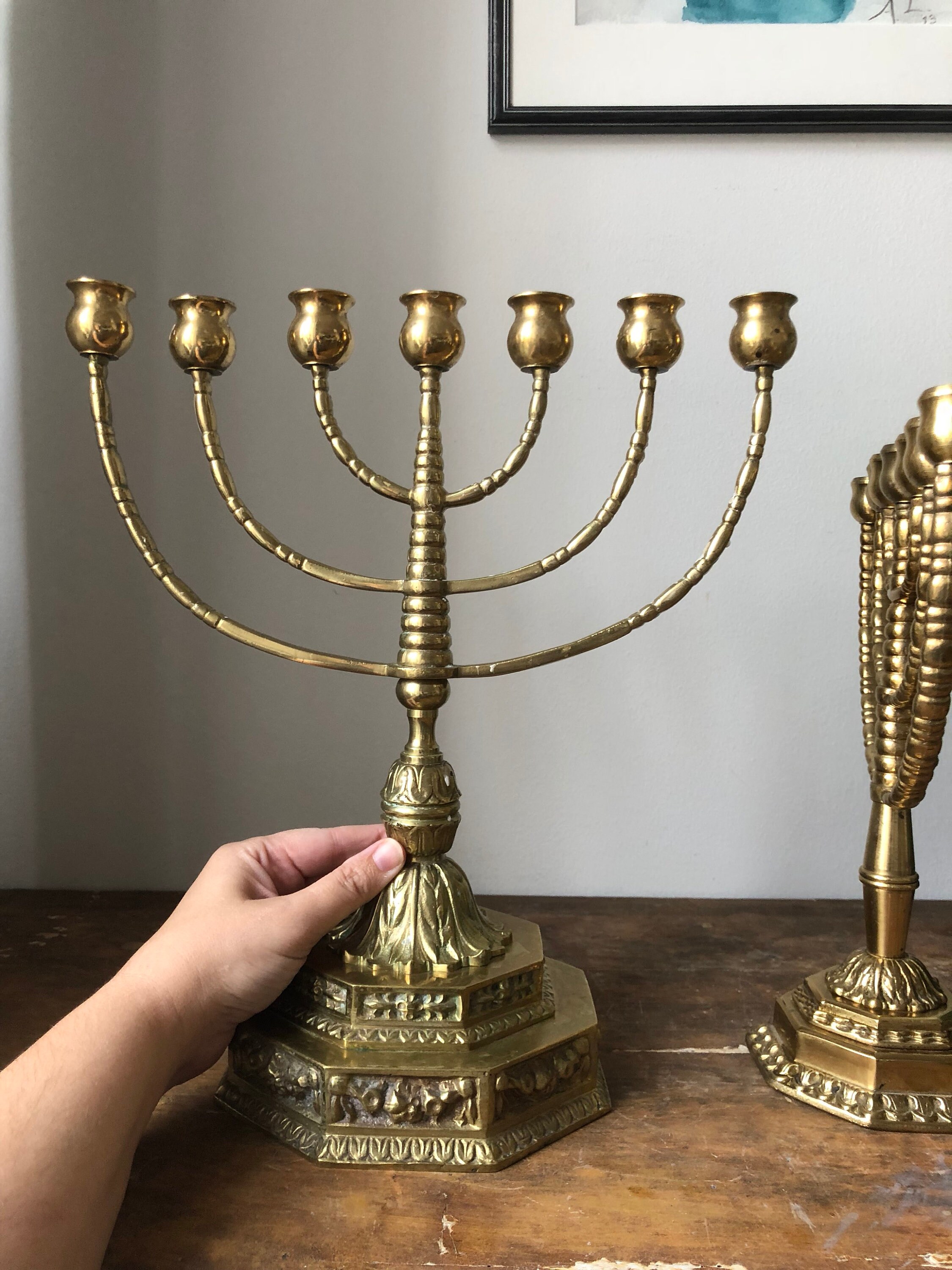 Extra Large Traditional Hanukkah Menorah – 21" Tall Antique Design, Fits Shabbat Candles Or Oil Cups, For Synagogue Or Home