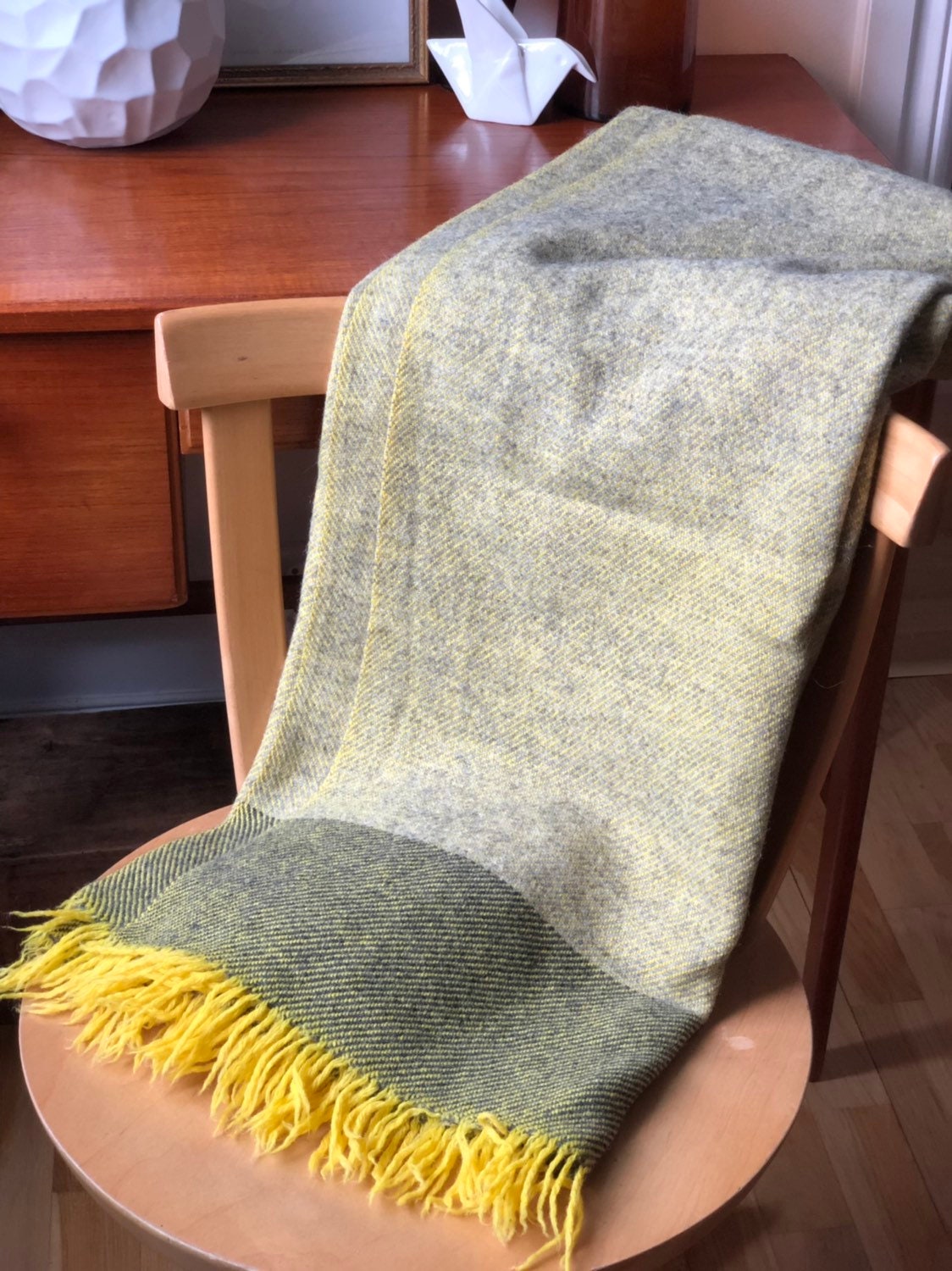 Wool throw blanket yellow grey green tones wool blanket throws vintage