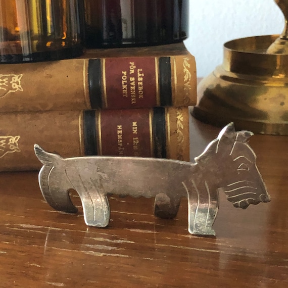 Miniature knife rest Vintage silver plated Scotty dog Swedish figurine stamped NS made in Sweden knife rest