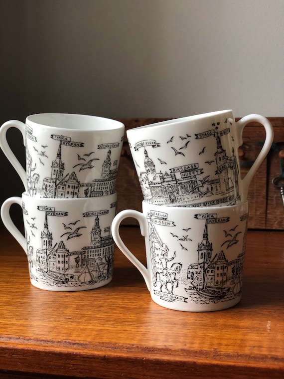 4 Gustavsberg cups Stockholm cityscape of famous buildings in black and white / espresso/ coffee cups