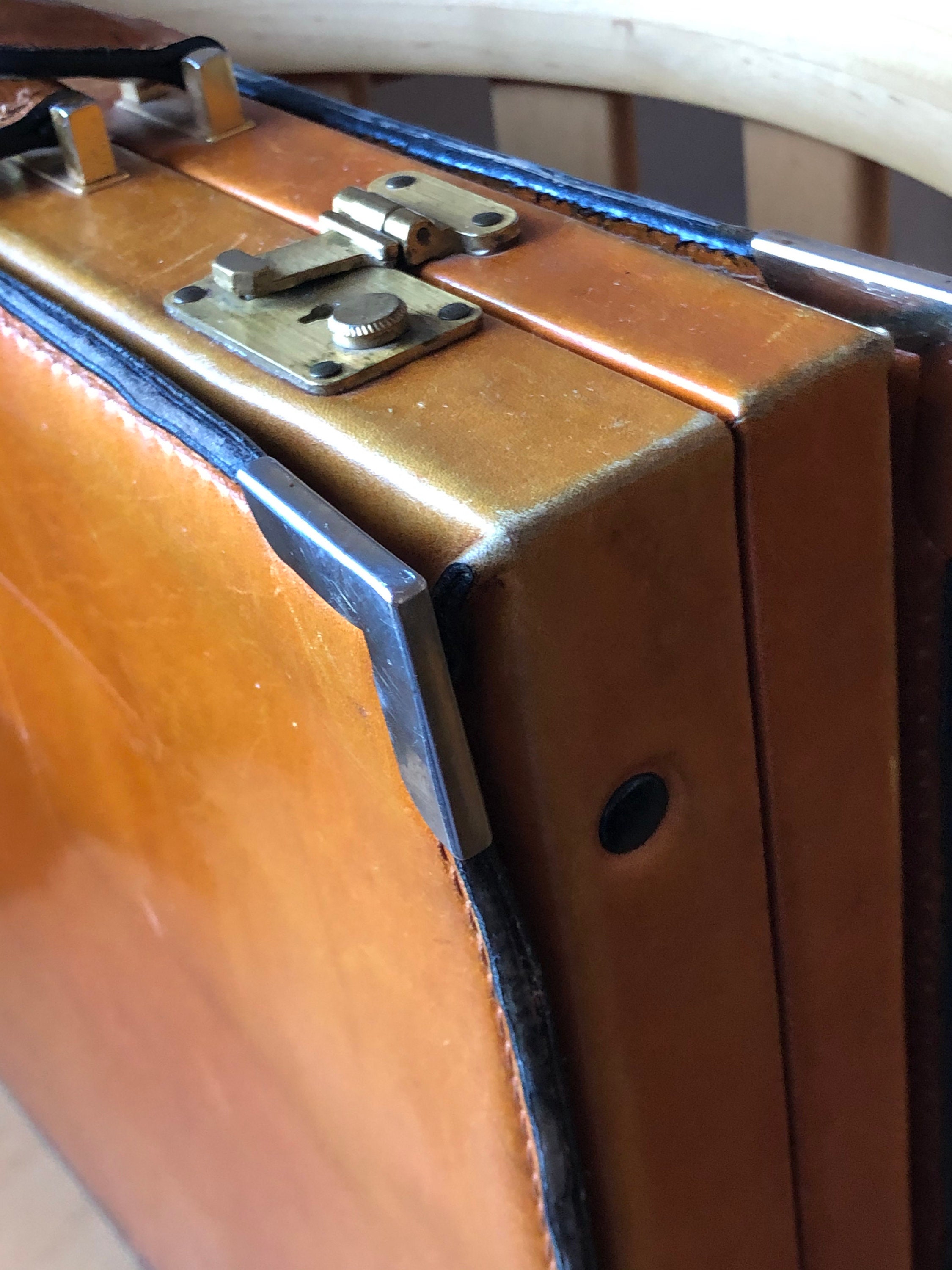 Scandinavian briefcase belted leather Tan/gold hardware/stackable/1960s/true vintage