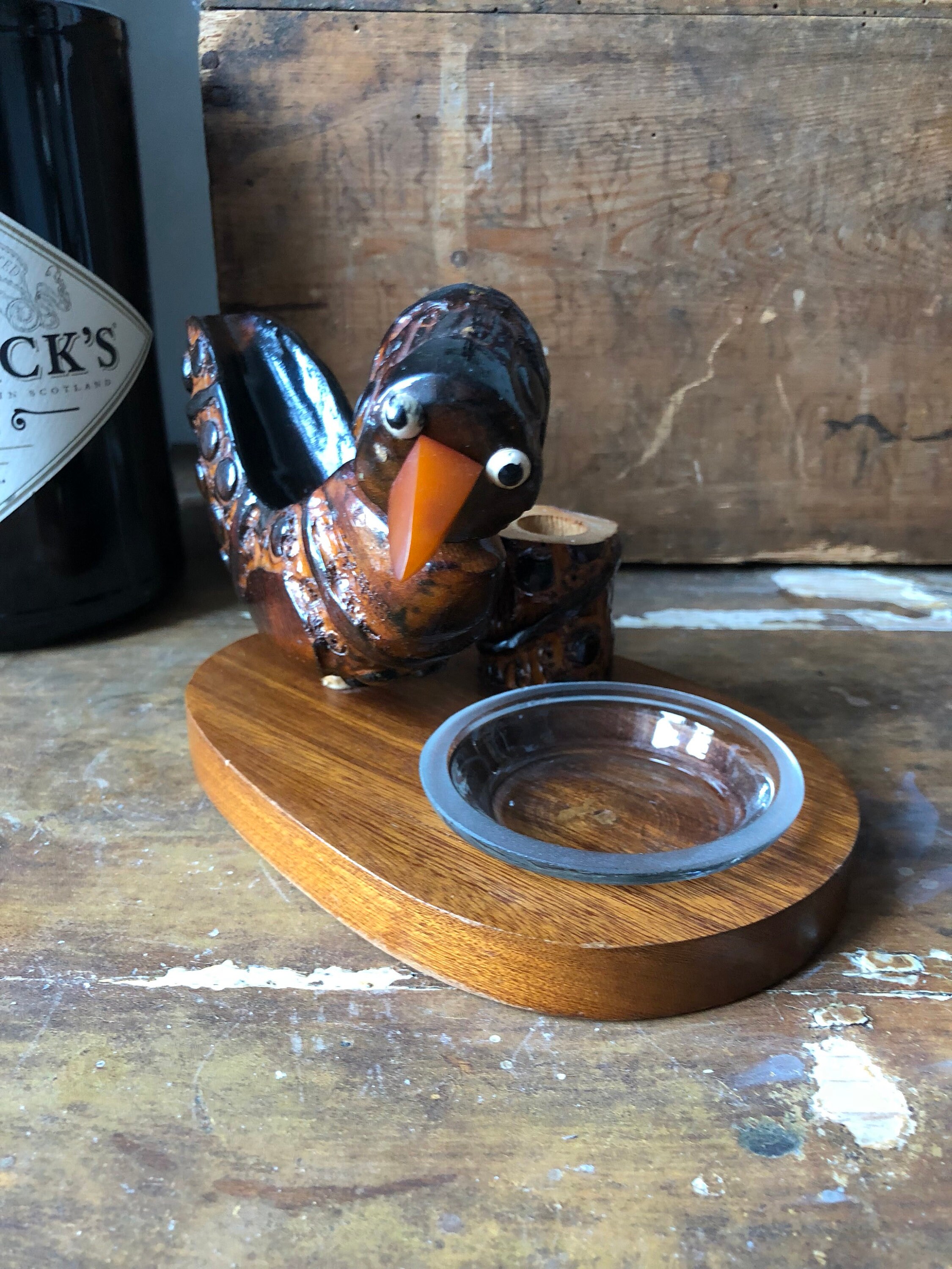 Antique hand carved Scandinavian pipe holder / pipe stand bird with