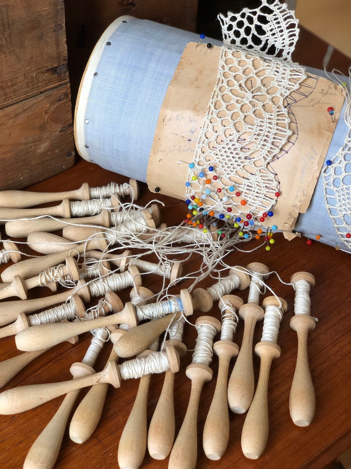Lace Making Pillow Wheel With Lace Pattern And Lace Hand Turned