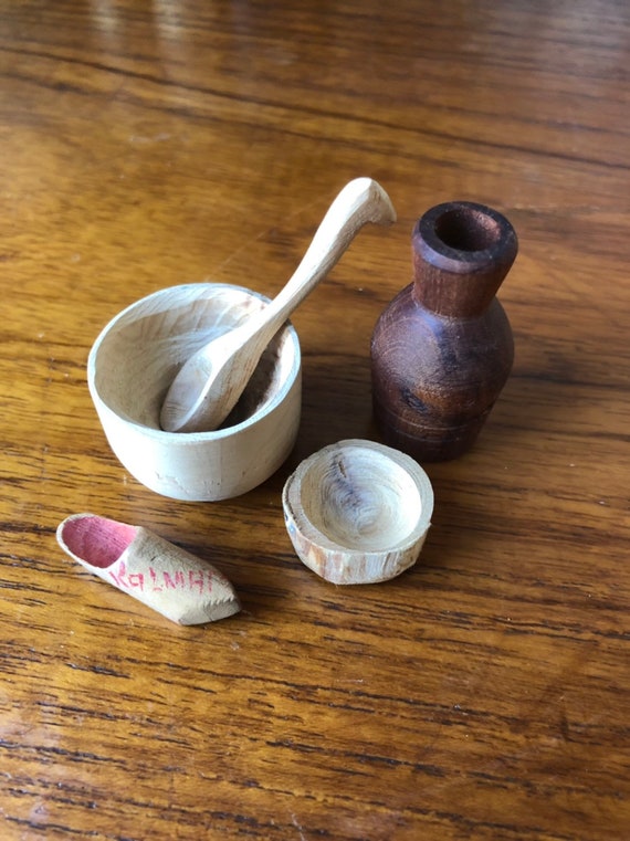 Vintage hand turned wooden miniature bowls shoe spoon vase bohemian teak oak