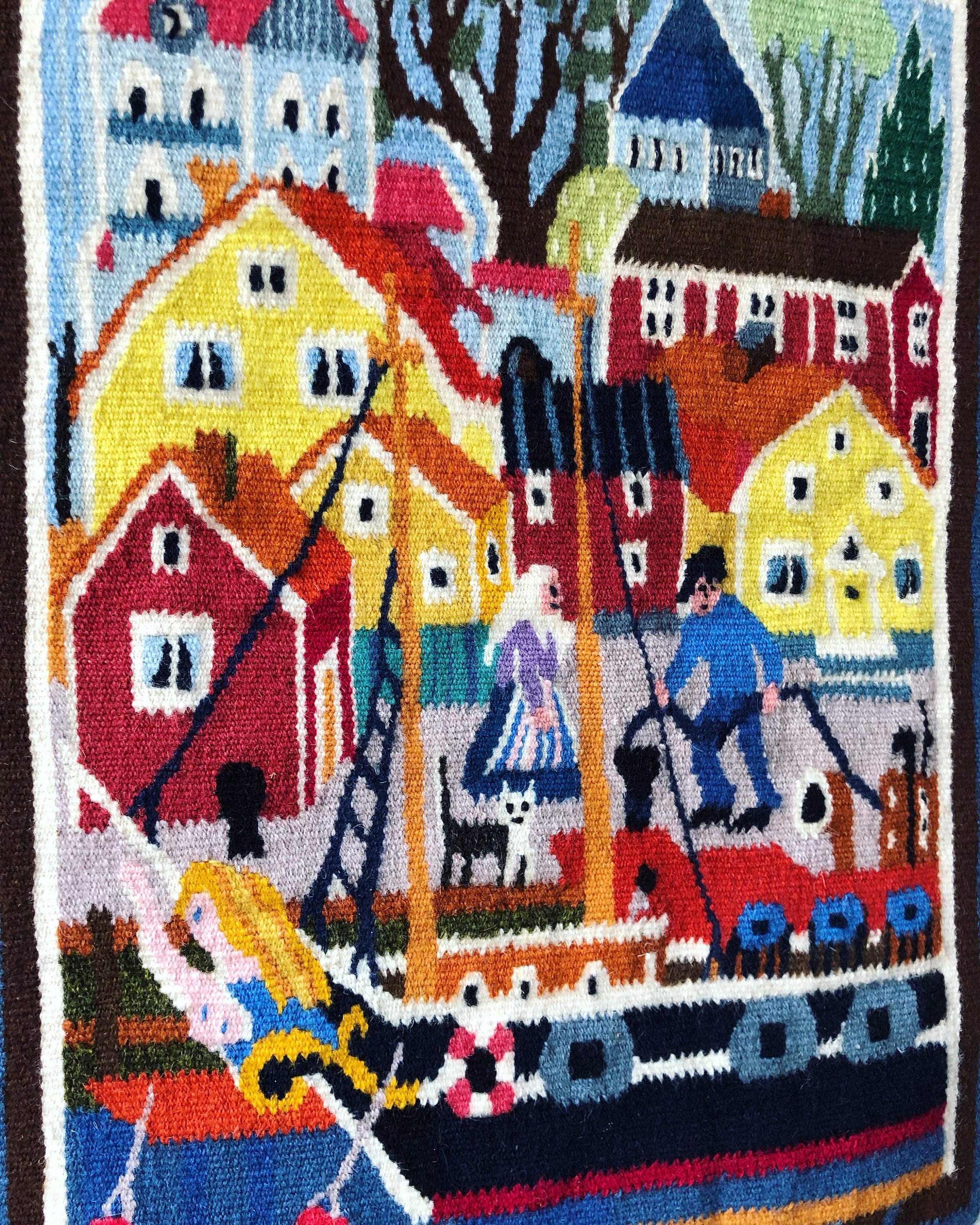 Swedish folk art woven wall hanging done on small loom harbor scene ...