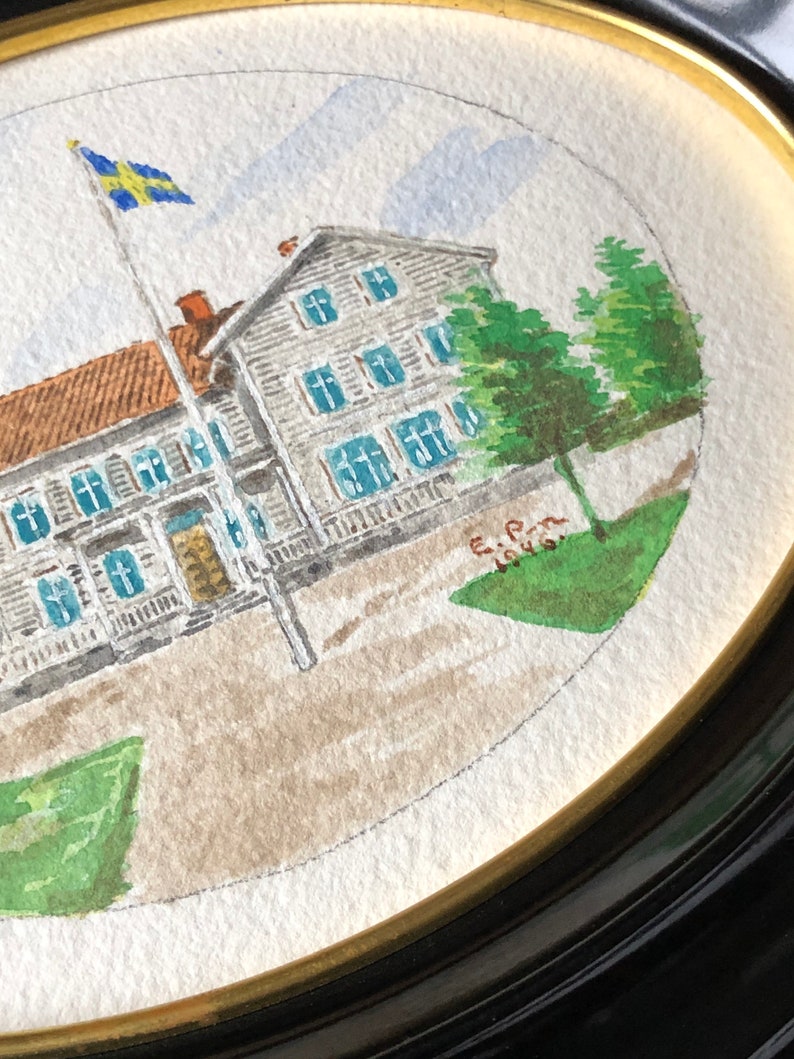 Original Swedish water color painting of Swedish country house still signed EP 1946 small oval painting framed image 8