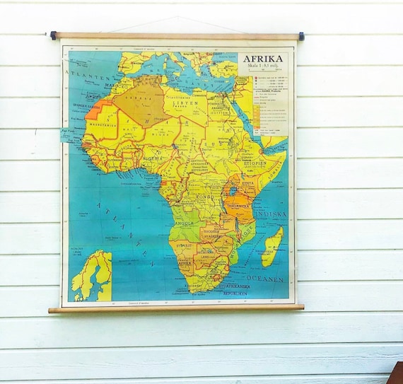 Large Vintage Swedish 1960 classroom school house Map of Africa / African printed in Stockholm