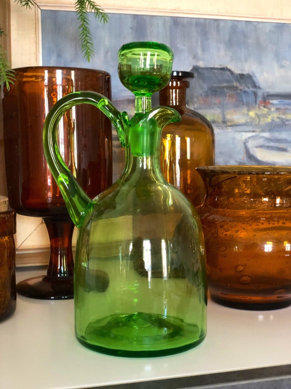 Older Swedish green glass decanter handblown Swedish glassworks Scandinavian