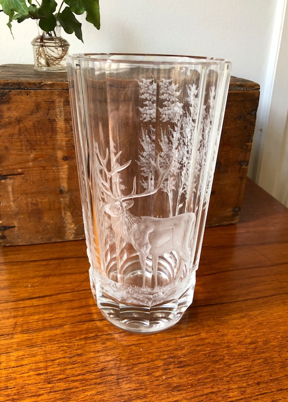 1920s Moser Rowland Ward Czechoslovakian Bohemian crystal etched vase featuring forest scene / Art Deco